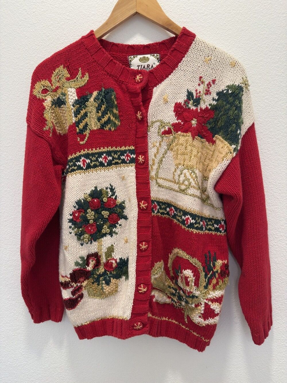 VTG Y2K Tiara International Christmas Cardigan Ugly Grandma Sweater S Patchwork - Picture 14 of 15